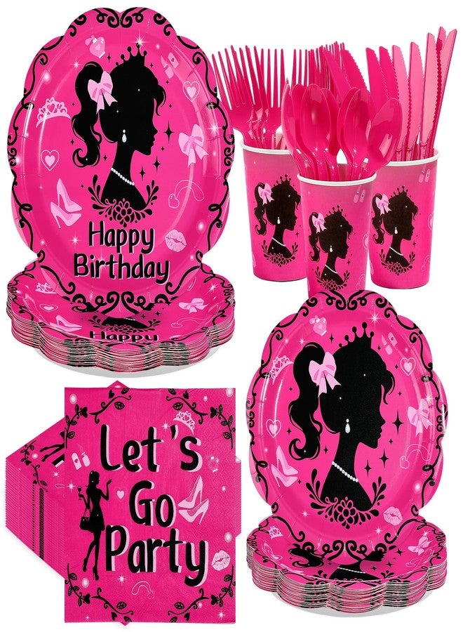 Greencian 168Pcs Hot Pink Birthday Party Supplies Set Black Fashion Girl Plates and Napkins Cute Princess Decorations Tableware Set for Birthday Disco Party Supplies，Serves 24 - Image 1